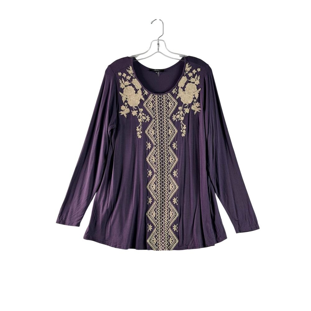 Andree by Unit Long Sleeve Embroidered Jersey Knit Pullover Top Purple Medium